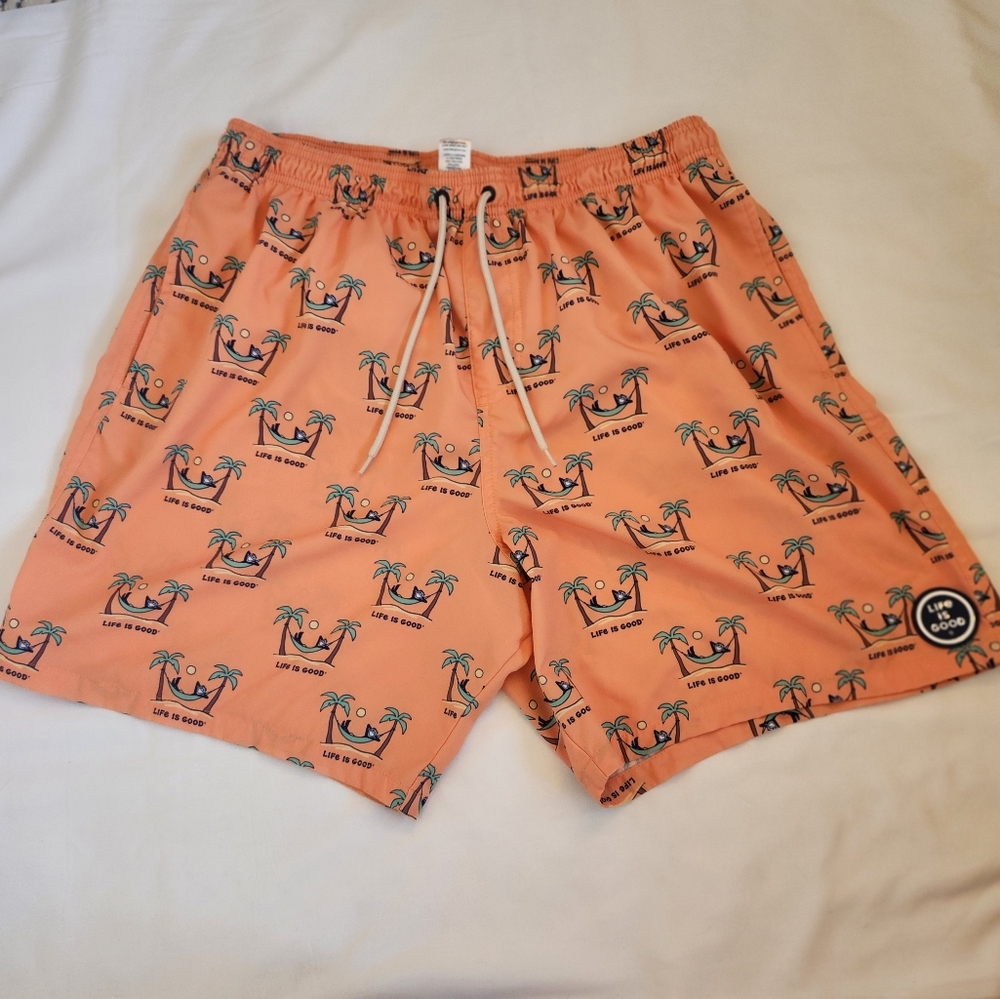 Life is Good  drawstring bathing suit Swim trunks Jake Hammock Relax Orange  XL